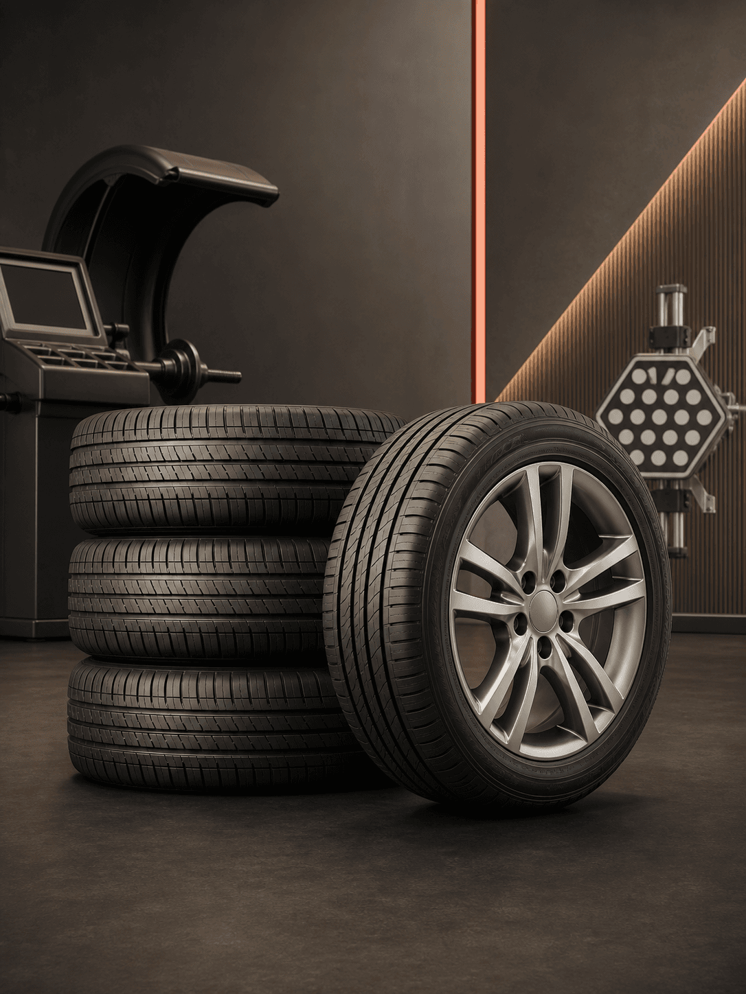 Conjunto de quatro pneus novos com equipamentos de alinhamento e balanceamento